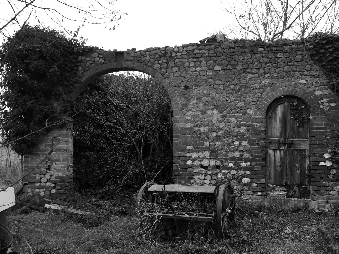 A large brick arch half collapsed and overgrown with brambles, with an old farm implement