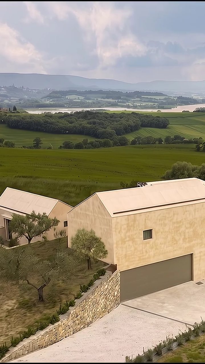 La Casa sul Chiaro among the fields and olive trees, with Lake Chiusi in the background