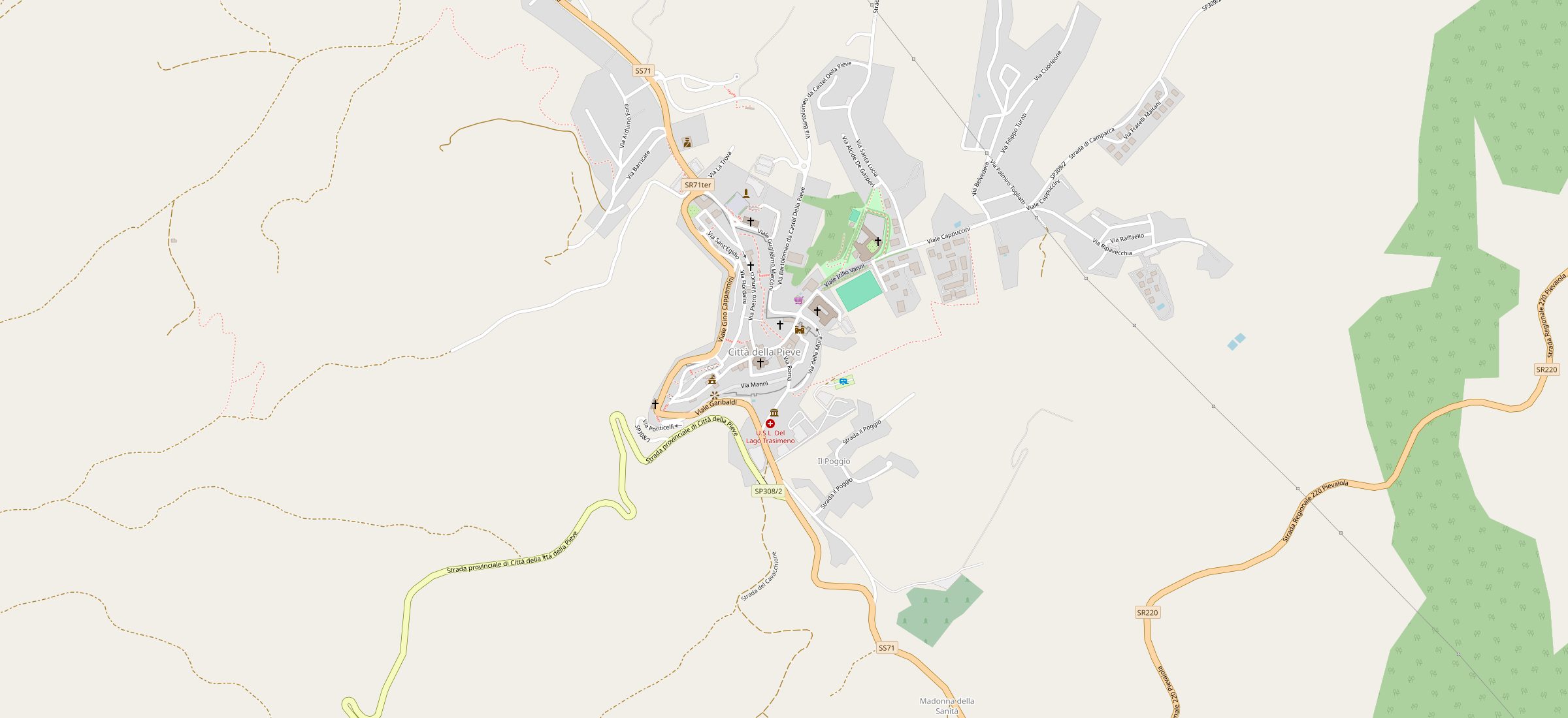 Map of Città della Pieve showing the office at Via Roma 14