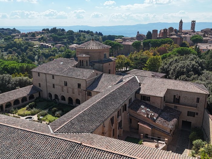 The Monastery of the Poor Clares complex seen from a drone, with the cloister and the roofs