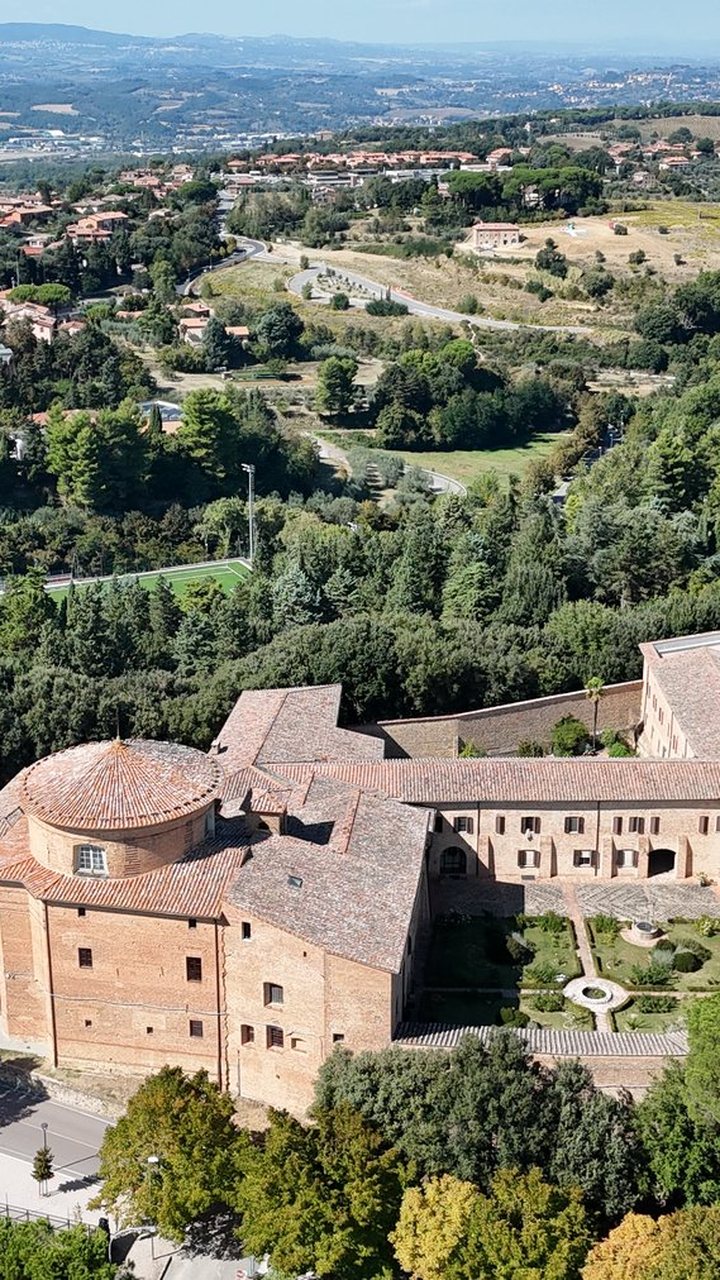 The Monastery of the Poor Clares seen from above, with the church, the cloister and the kitchen garden
