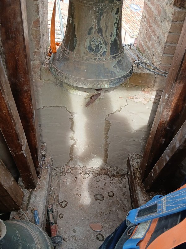The floor of the bell chamber at the foot of the bell, during the works