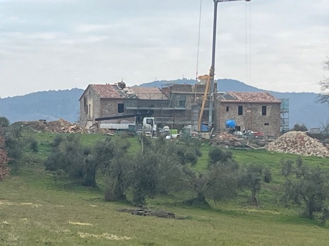 The site seen from the olive grove, with the crane and the hills