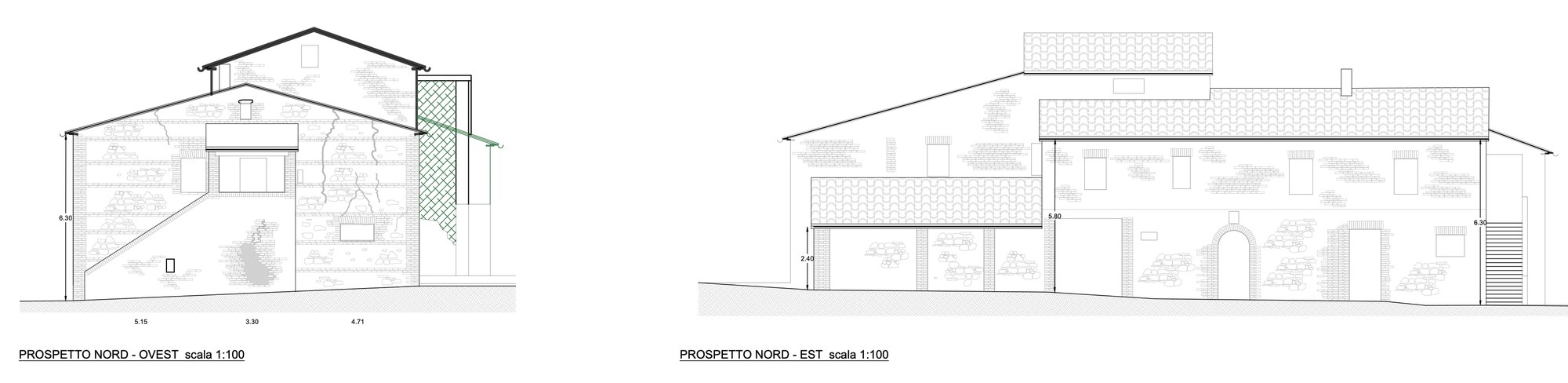 Drawing of the north-west and north-east elevations of the farmhouse, before the works