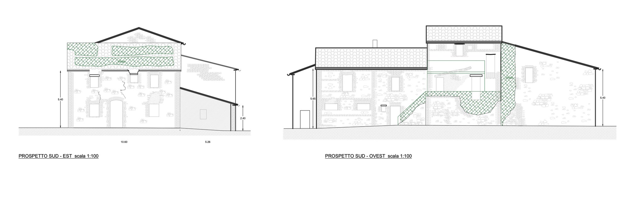 Drawing of the south-east and south-west elevations of the farmhouse, before the works